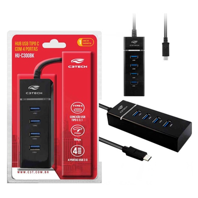 HUB USB TIPO-C 4 PORTAS 3.0 HU-C300BK C3TECH