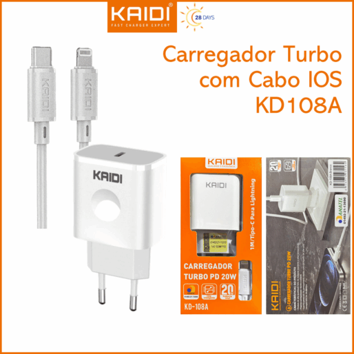 CARREGADOR TIPO-C PARA IPHONE TURBO PD 20W KD-108A BRANCO KAIDI